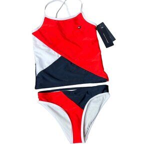 NWT‎ Tommy Hilfiger Girls Tankini 2 Piece Swimsuit Red White Blue Colorblock M